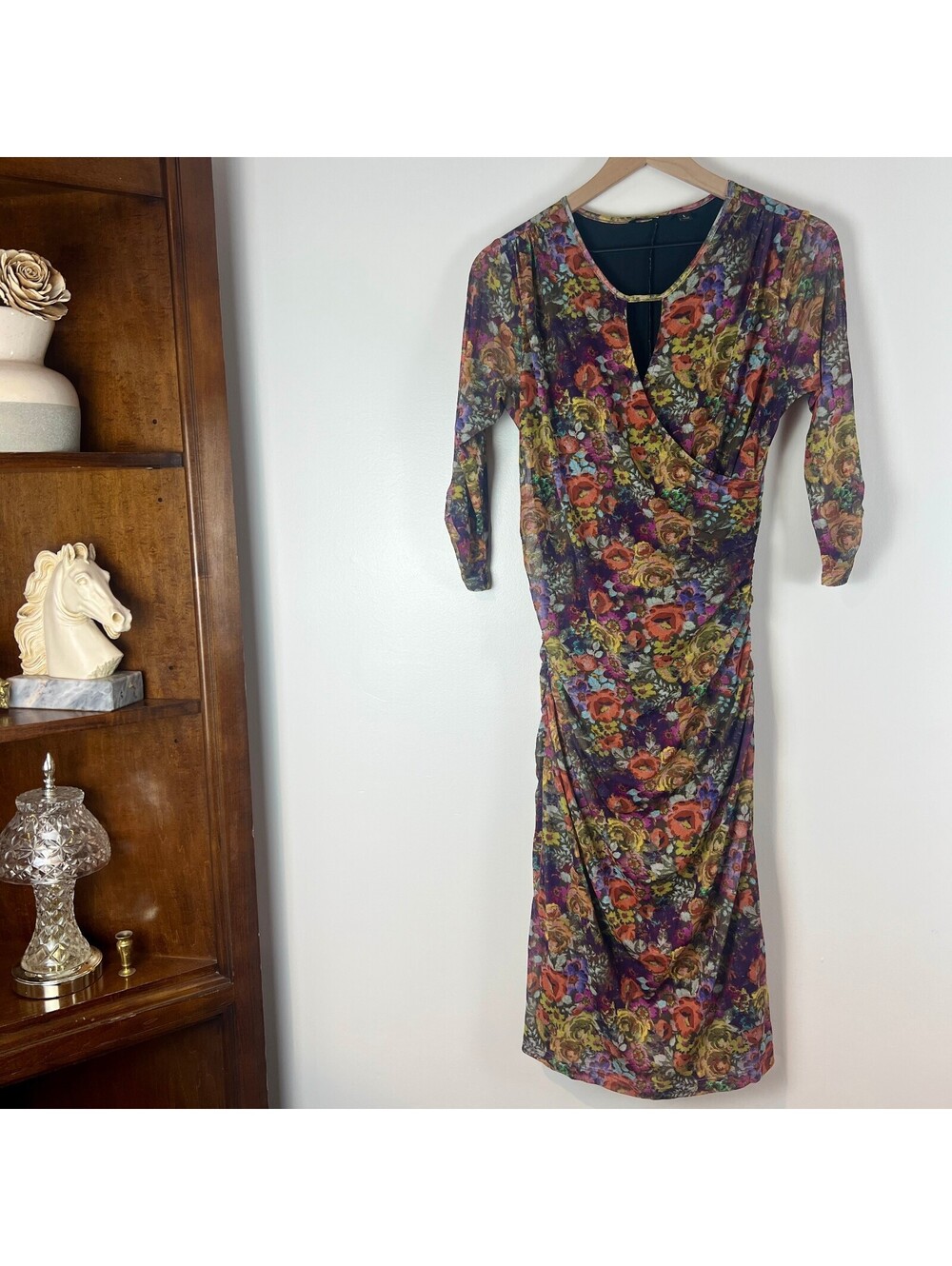 Betabrand L Floral Mesh Ruched Midi Dress Long Sleeve Multicolor NWOT